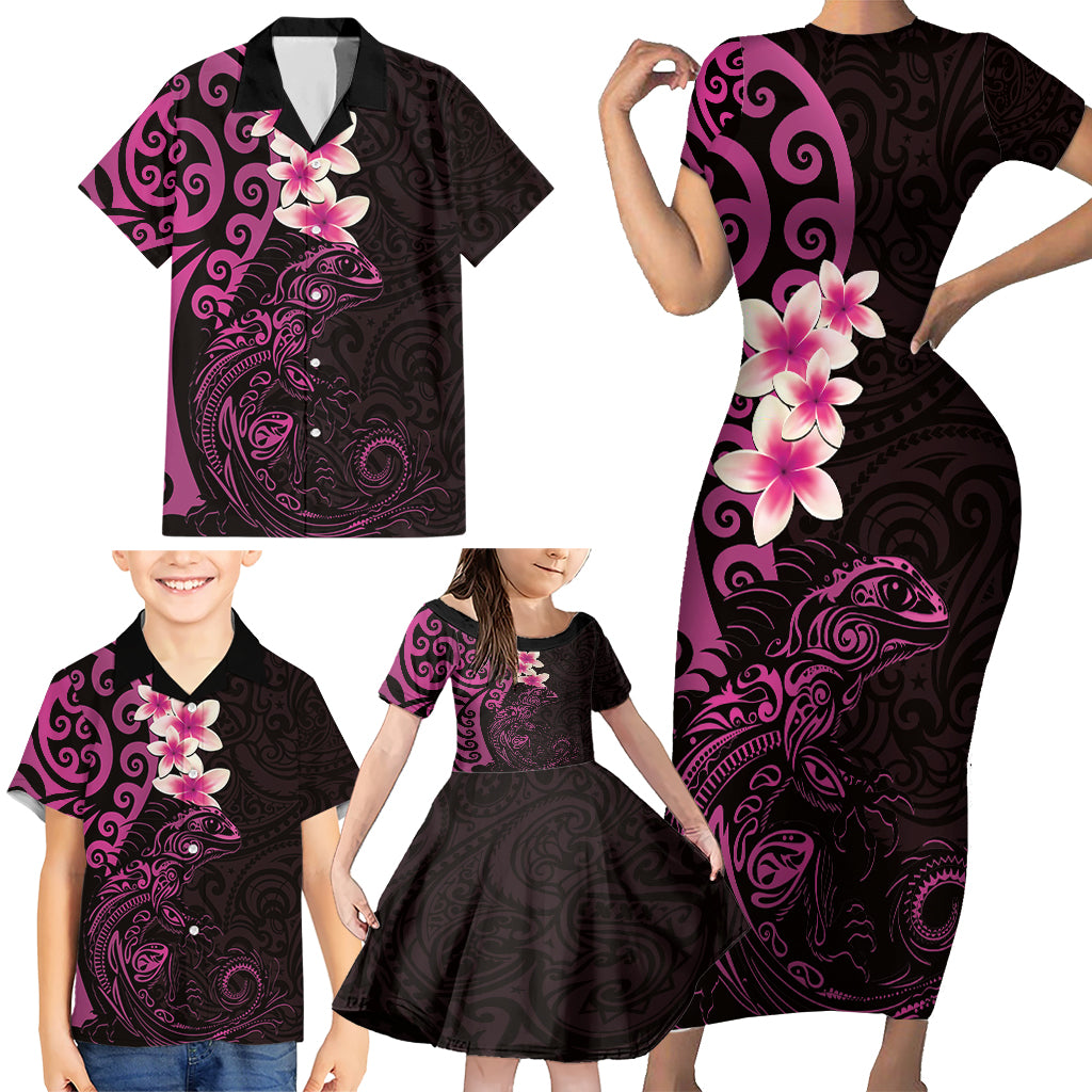 New Zealand Tuatara Plumeria Family Matching Short Sleeve Bodycon Dress and Hawaiian Shirt Maori Pink Koru Tribal Tattoo LT01 - Polynesian Pride