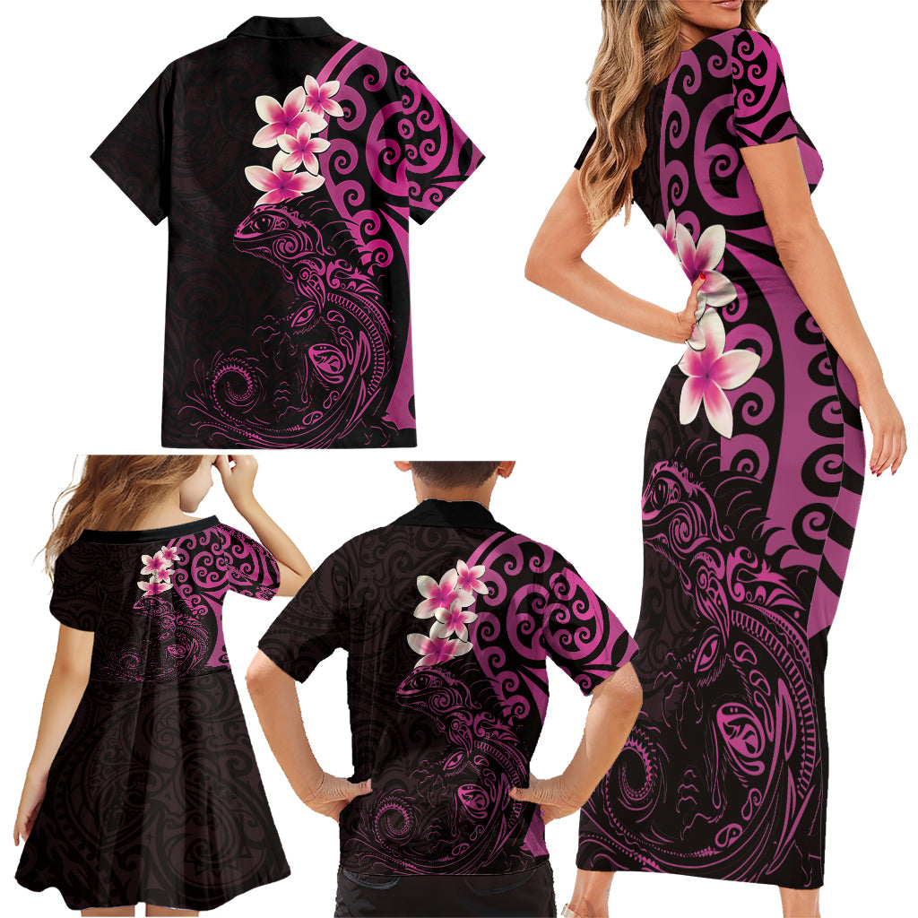 New Zealand Tuatara Plumeria Family Matching Short Sleeve Bodycon Dress and Hawaiian Shirt Maori Pink Koru Tribal Tattoo LT01 - Polynesian Pride