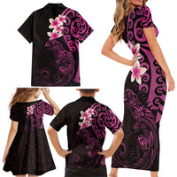 New Zealand Tuatara Plumeria Family Matching Short Sleeve Bodycon Dress and Hawaiian Shirt Maori Pink Koru Tribal Tattoo LT01 - Polynesian Pride
