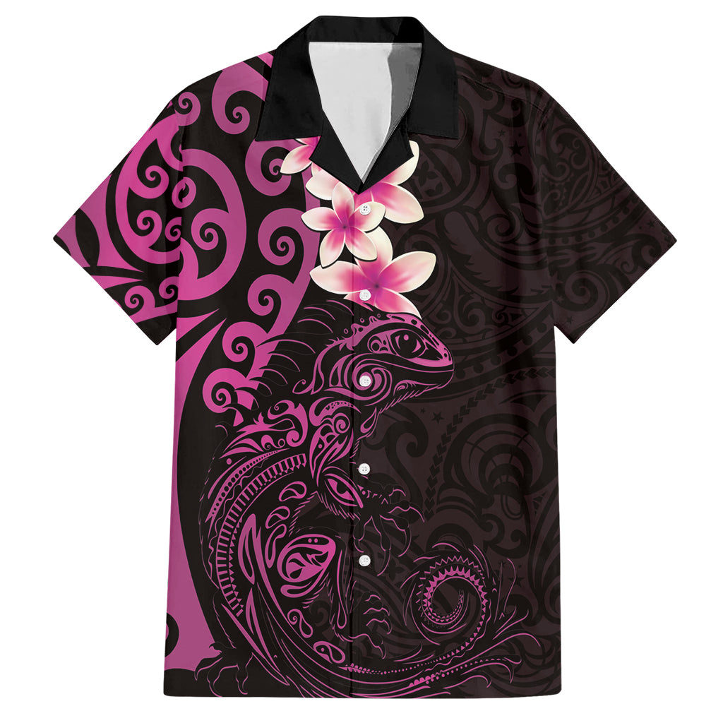 New Zealand Tuatara Plumeria Family Matching Short Sleeve Bodycon Dress and Hawaiian Shirt Maori Pink Koru Tribal Tattoo LT01 Dad's Shirt - Short Sleeve Pink - Polynesian Pride