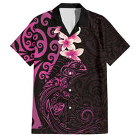 New Zealand Tuatara Plumeria Family Matching Tank Maxi Dress and Hawaiian Shirt Maori Pink Koru Tribal Tattoo LT01 Dad's Shirt - Short Sleeve Pink - Polynesian Pride