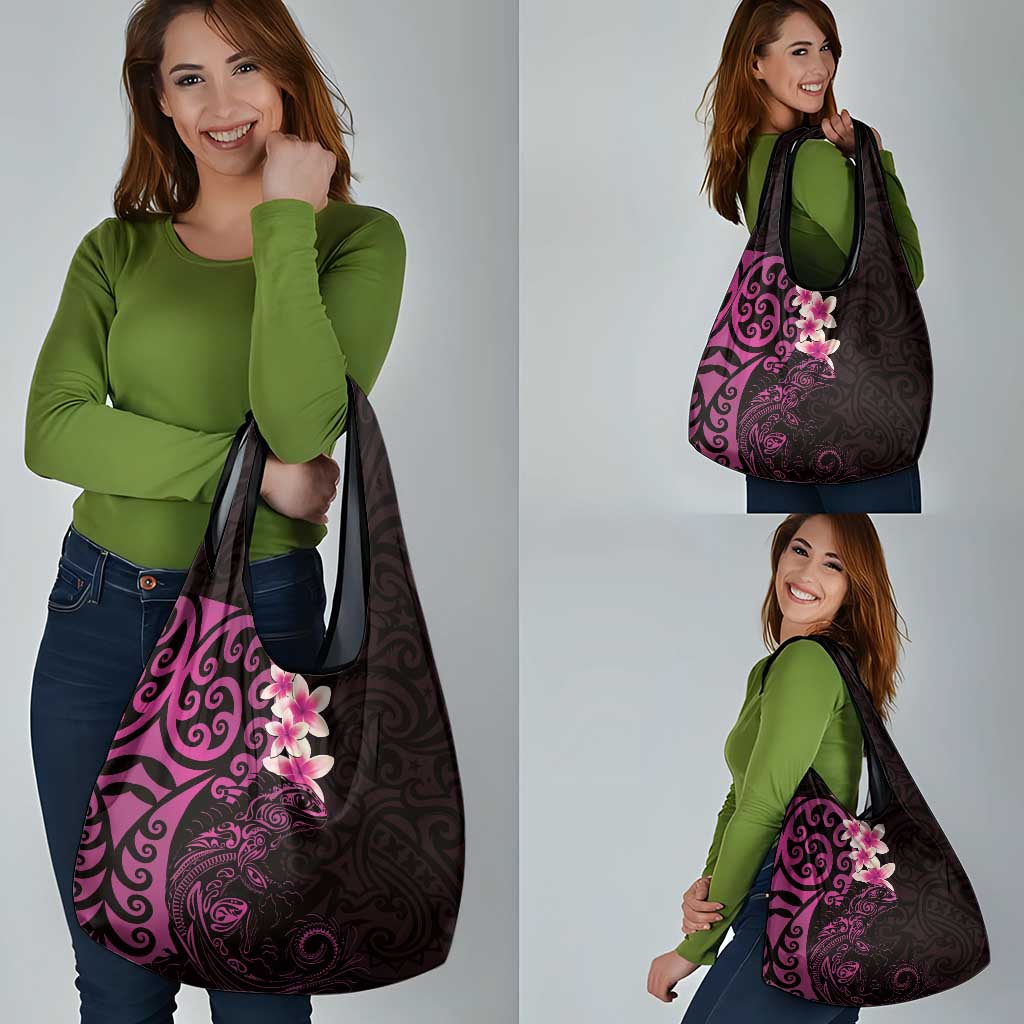 New Zealand Tuatara Plumeria Grocery Bag Maori Pink Koru Tribal Tattoo LT01 - Polynesian Pride