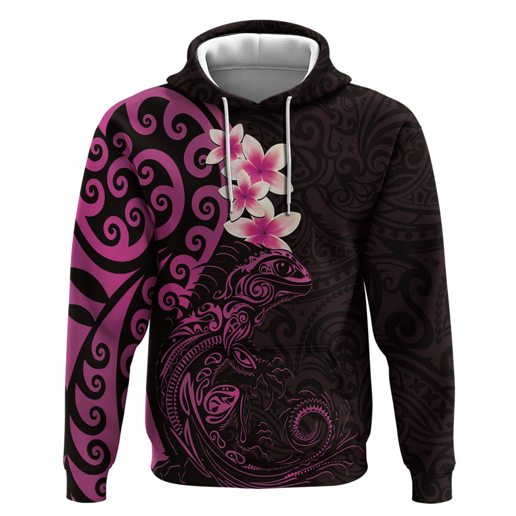 New Zealand Tuatara Plumeria Hoodie Maori Pink Koru Tribal Tattoo LT01 Pullover Hoodie Pink - Polynesian Pride