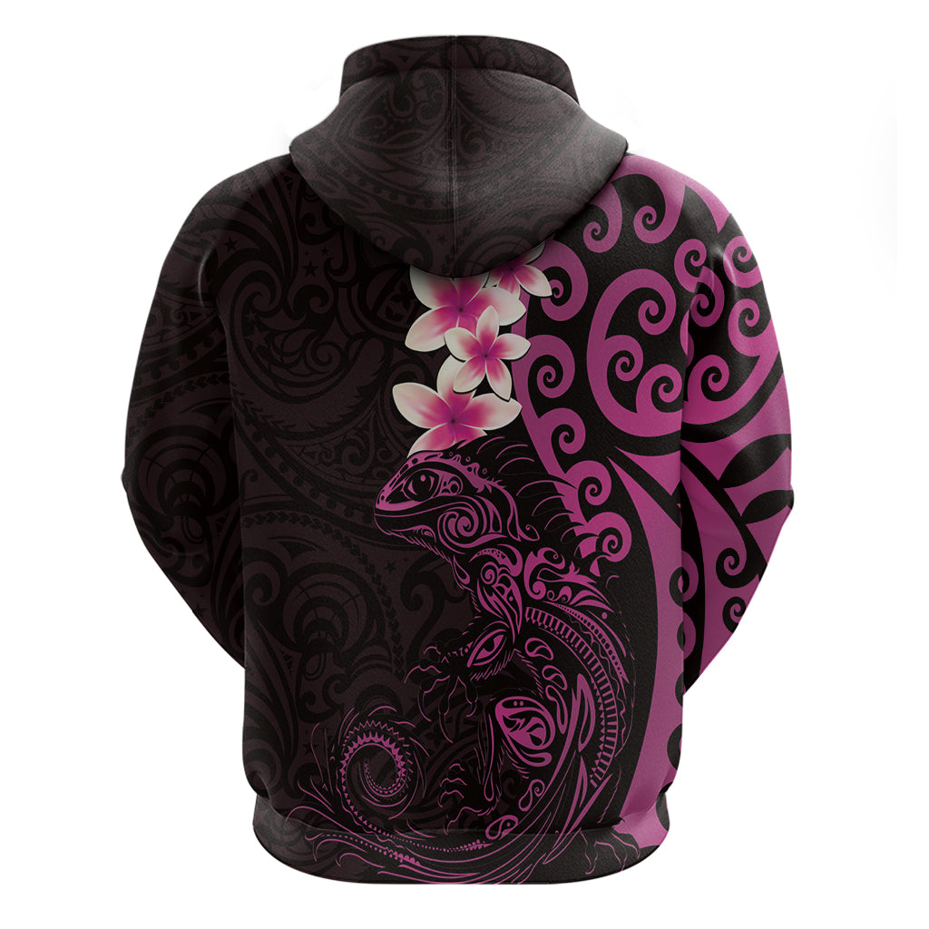 New Zealand Tuatara Plumeria Hoodie Maori Pink Koru Tribal Tattoo LT01 - Polynesian Pride