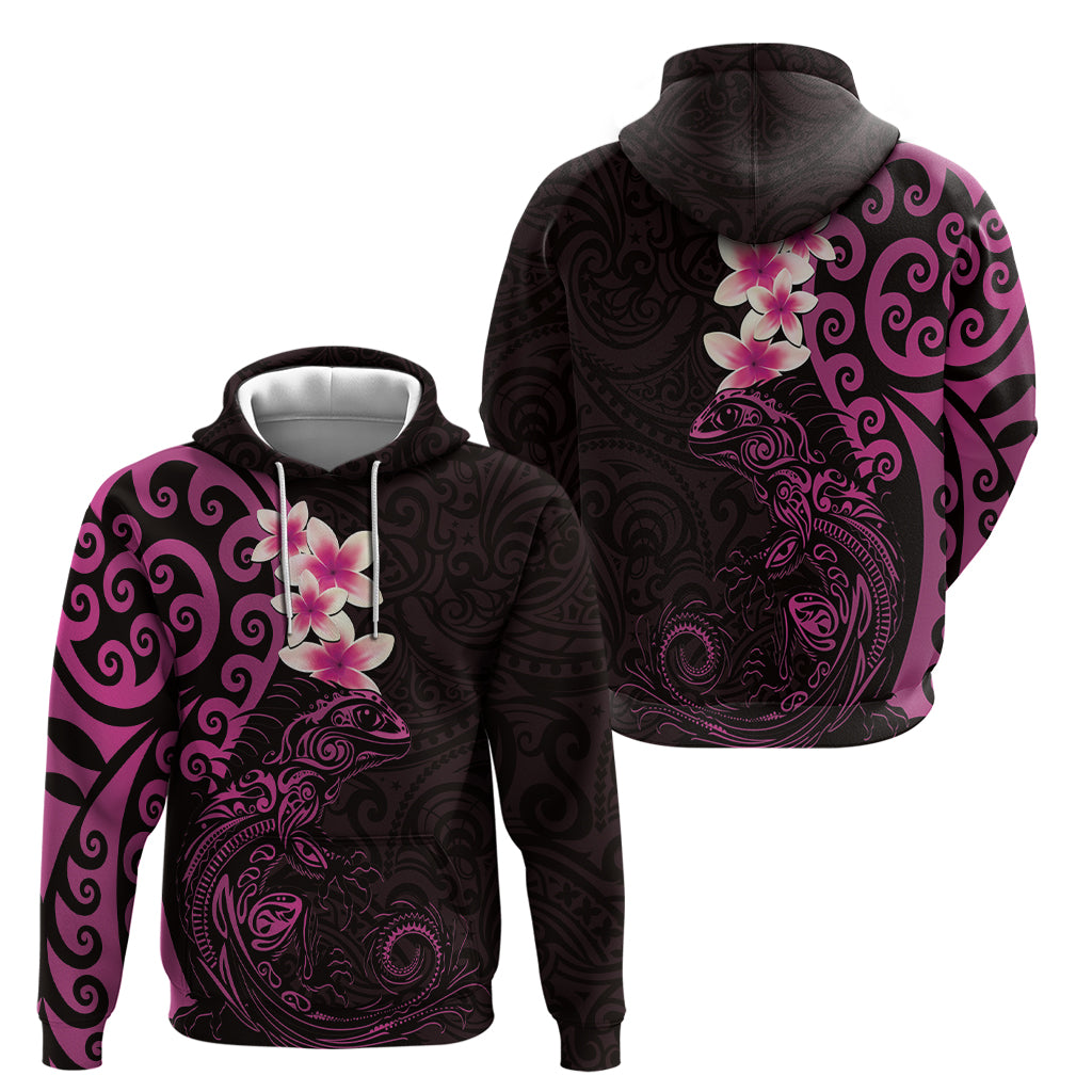 New Zealand Tuatara Plumeria Hoodie Maori Pink Koru Tribal Tattoo LT01 - Polynesian Pride