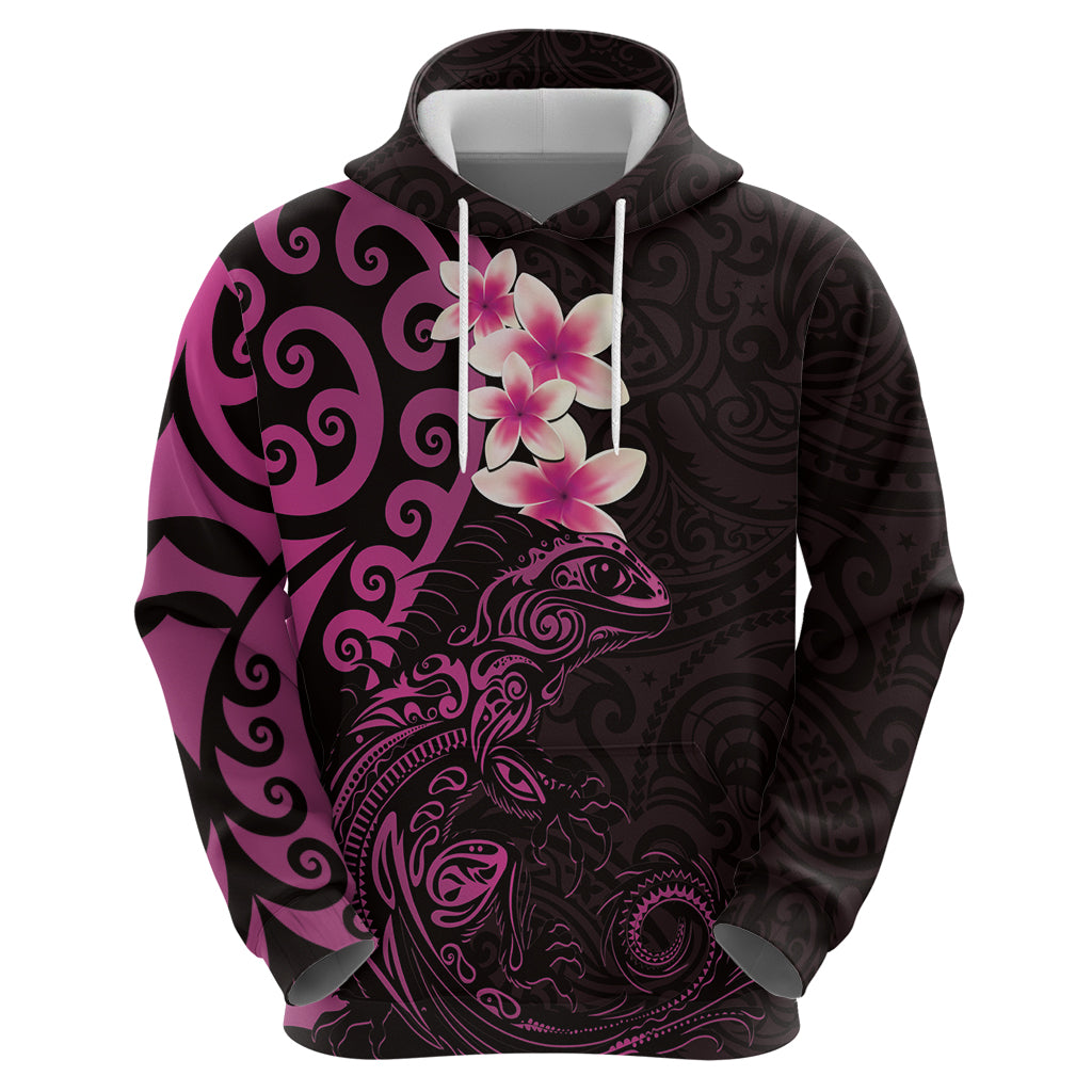 New Zealand Tuatara Plumeria Hoodie Maori Pink Koru Tribal Tattoo LT01 - Polynesian Pride