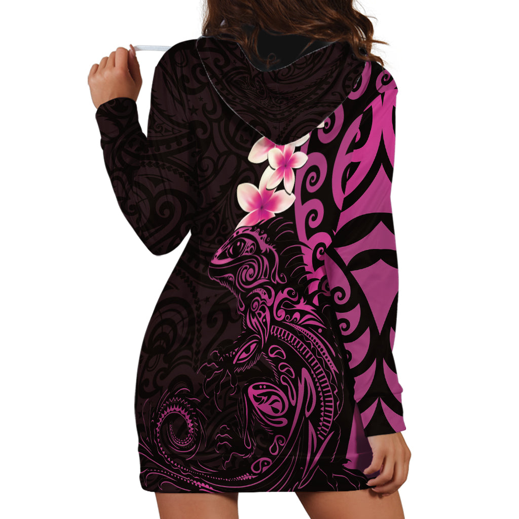 New Zealand Tuatara Plumeria Hoodie Dress Maori Pink Koru Tribal Tattoo LT01 - Polynesian Pride