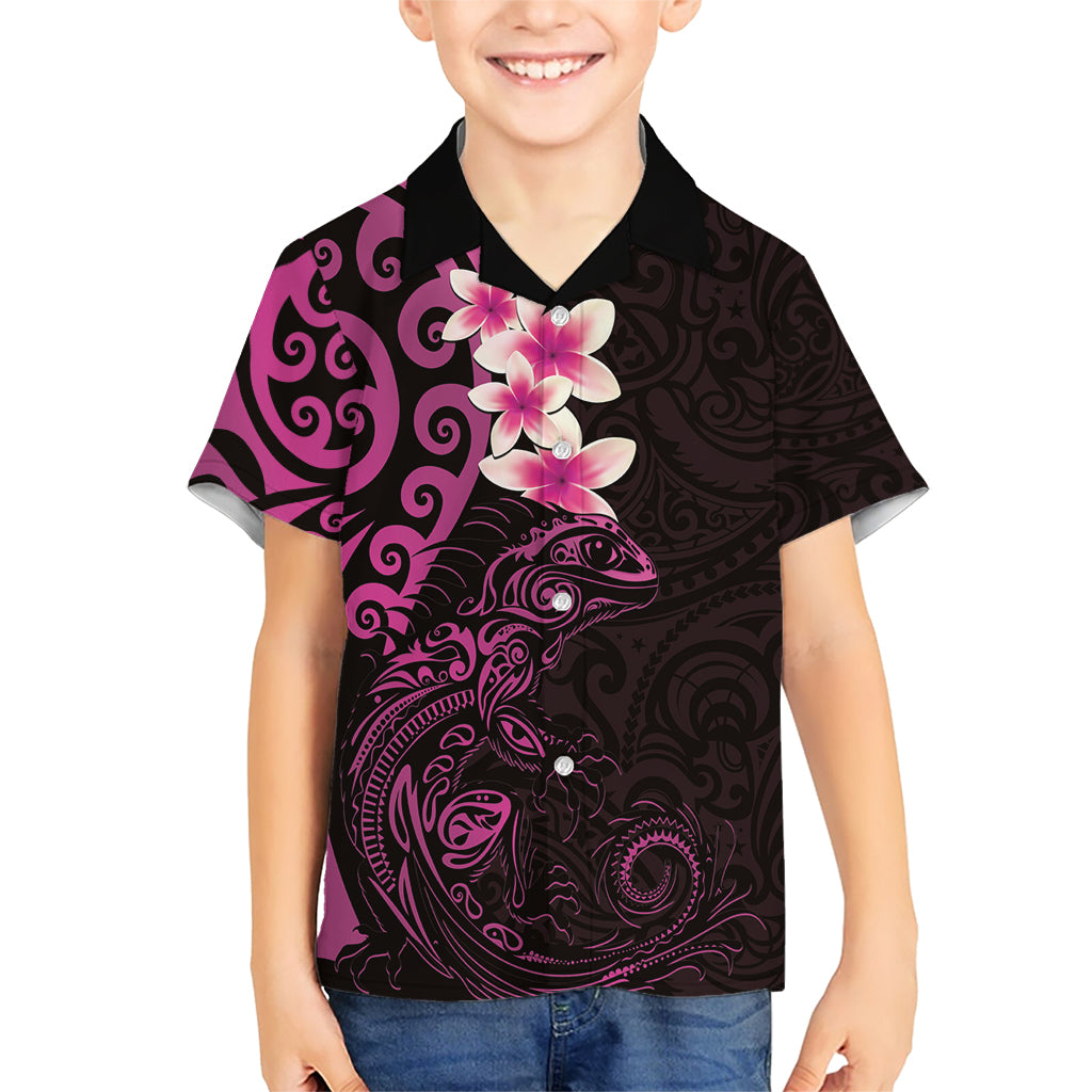 New Zealand Tuatara Plumeria Kid Hawaiian Shirt Maori Pink Koru Tribal Tattoo LT01 Kid Pink - Polynesian Pride