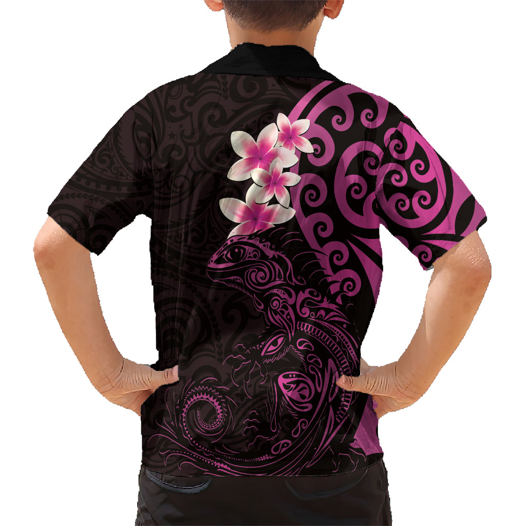 New Zealand Tuatara Plumeria Kid Hawaiian Shirt Maori Pink Koru Tribal Tattoo LT01 - Polynesian Pride