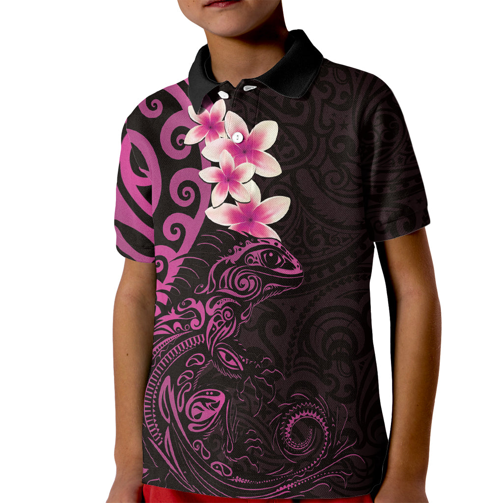 New Zealand Tuatara Plumeria Kid Polo Shirt Maori Pink Koru Tribal Tattoo LT01 Kid Pink - Polynesian Pride