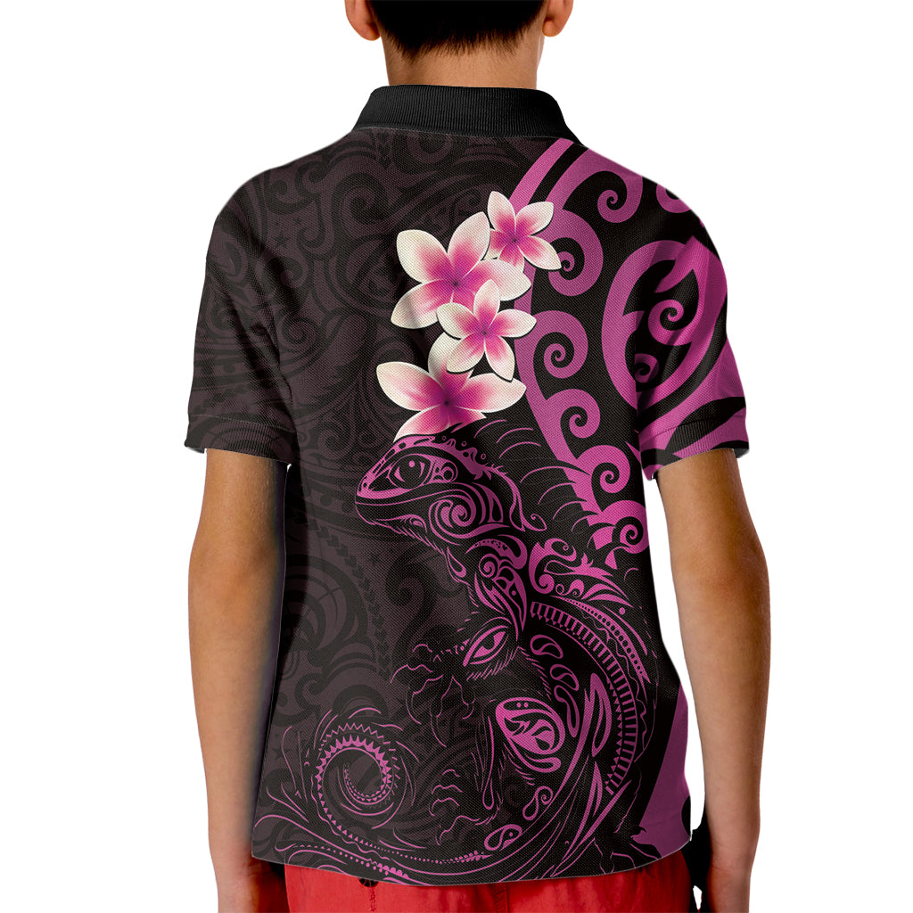 New Zealand Tuatara Plumeria Kid Polo Shirt Maori Pink Koru Tribal Tattoo LT01 - Polynesian Pride