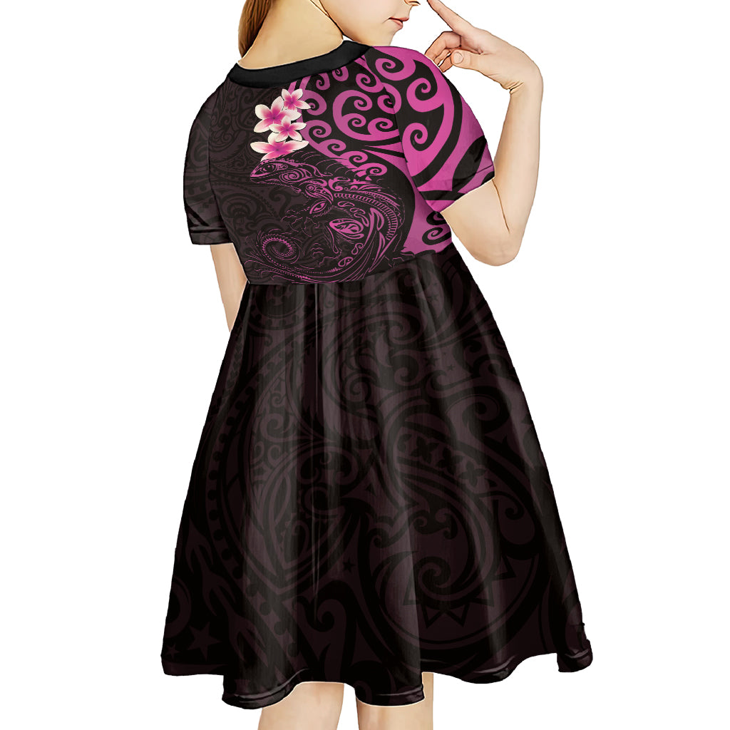New Zealand Tuatara Plumeria Kid Short Sleeve Dress Maori Pink Koru Tribal Tattoo LT01 - Polynesian Pride
