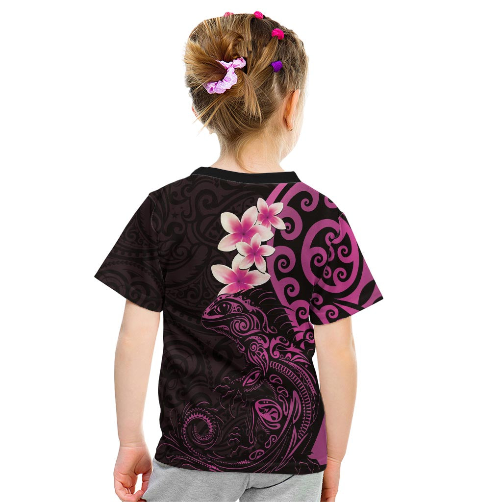 New Zealand Tuatara Plumeria Kid T Shirt Maori Pink Koru Tribal Tattoo LT01 - Polynesian Pride