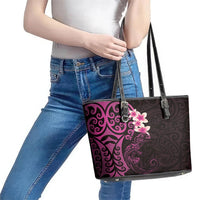 New Zealand Tuatara Plumeria Leather Tote Bag Maori Pink Koru Tribal Tattoo LT01 - Polynesian Pride