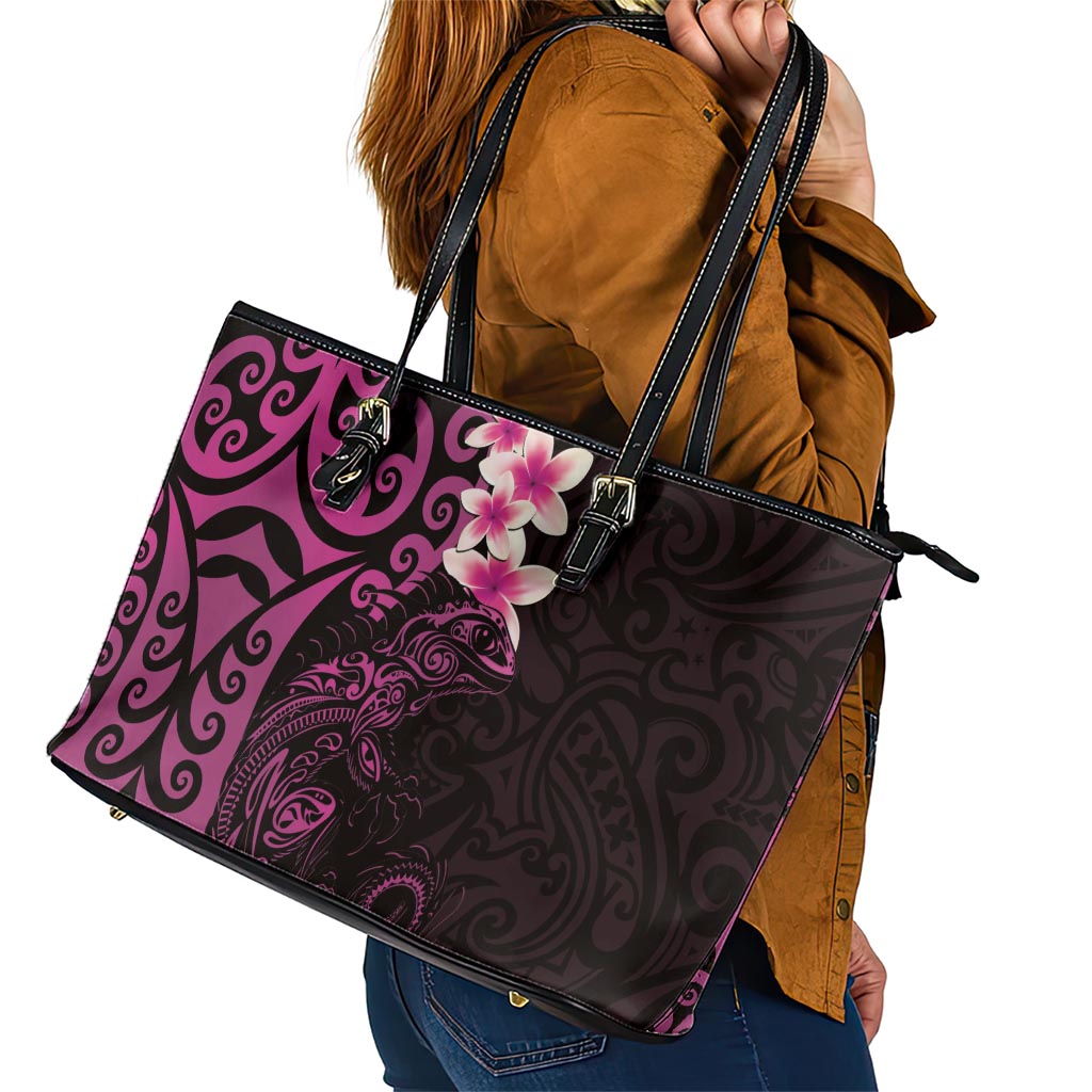 New Zealand Tuatara Plumeria Leather Tote Bag Maori Pink Koru Tribal Tattoo LT01 - Polynesian Pride