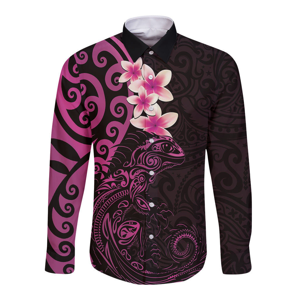 New Zealand Tuatara Plumeria Long Sleeve Button Shirt Maori Pink Koru Tribal Tattoo LT01 Unisex Pink - Polynesian Pride