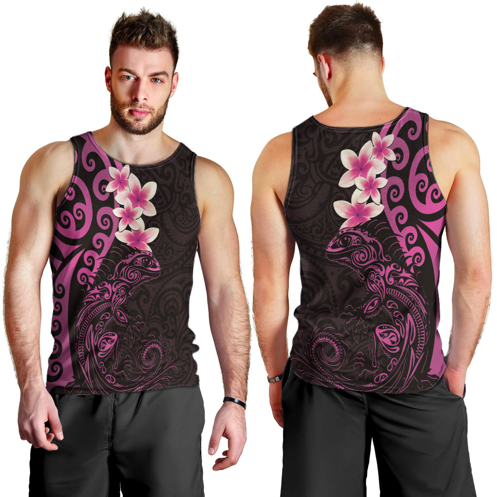 New Zealand Tuatara Plumeria Men Tank Top Maori Pink Koru Tribal Tattoo LT01 - Polynesian Pride