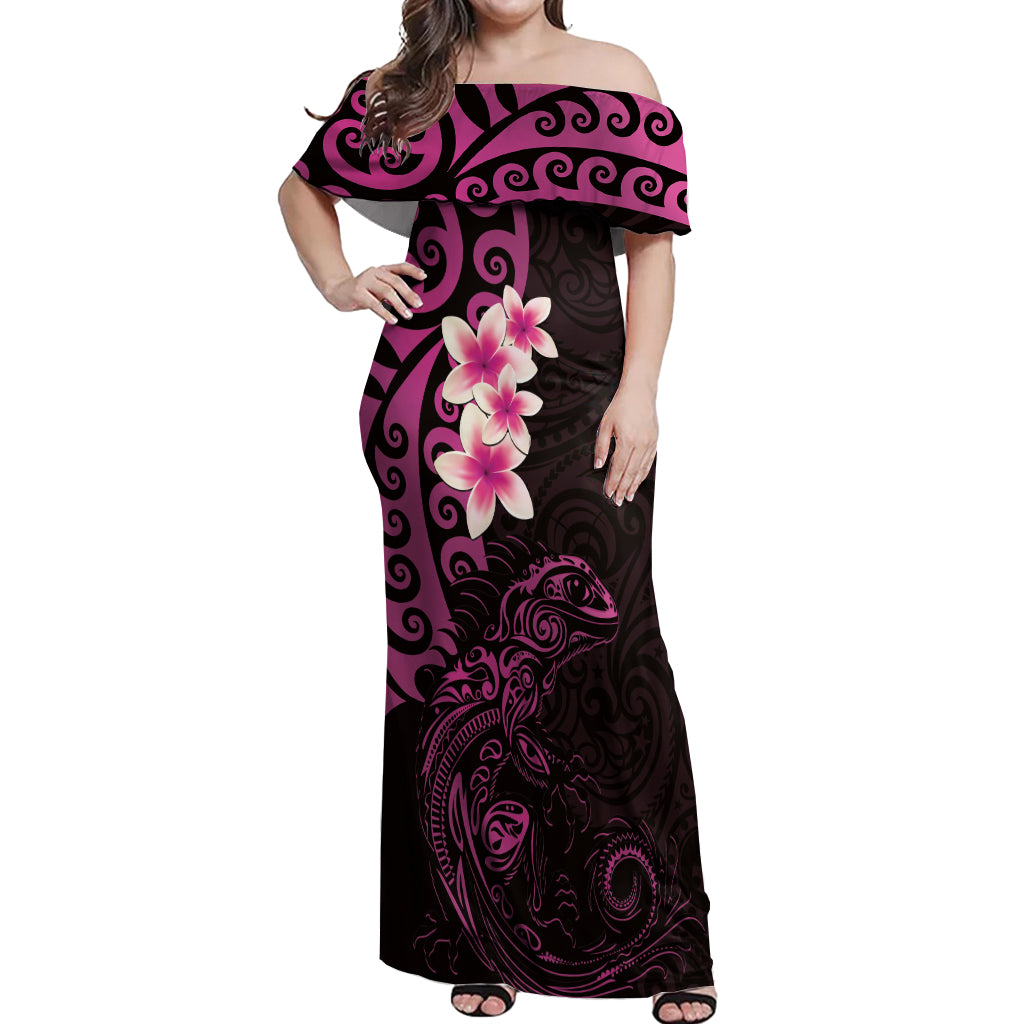 New Zealand Tuatara Plumeria Off Shoulder Maxi Dress Maori Pink Koru Tribal Tattoo LT01 Women Pink - Polynesian Pride