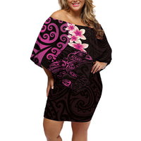 New Zealand Tuatara Plumeria Off Shoulder Short Dress Maori Pink Koru Tribal Tattoo LT01 Women Pink - Polynesian Pride