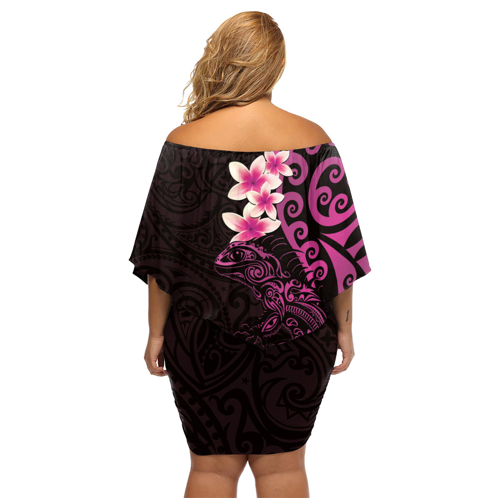 New Zealand Tuatara Plumeria Off Shoulder Short Dress Maori Pink Koru Tribal Tattoo LT01 - Polynesian Pride