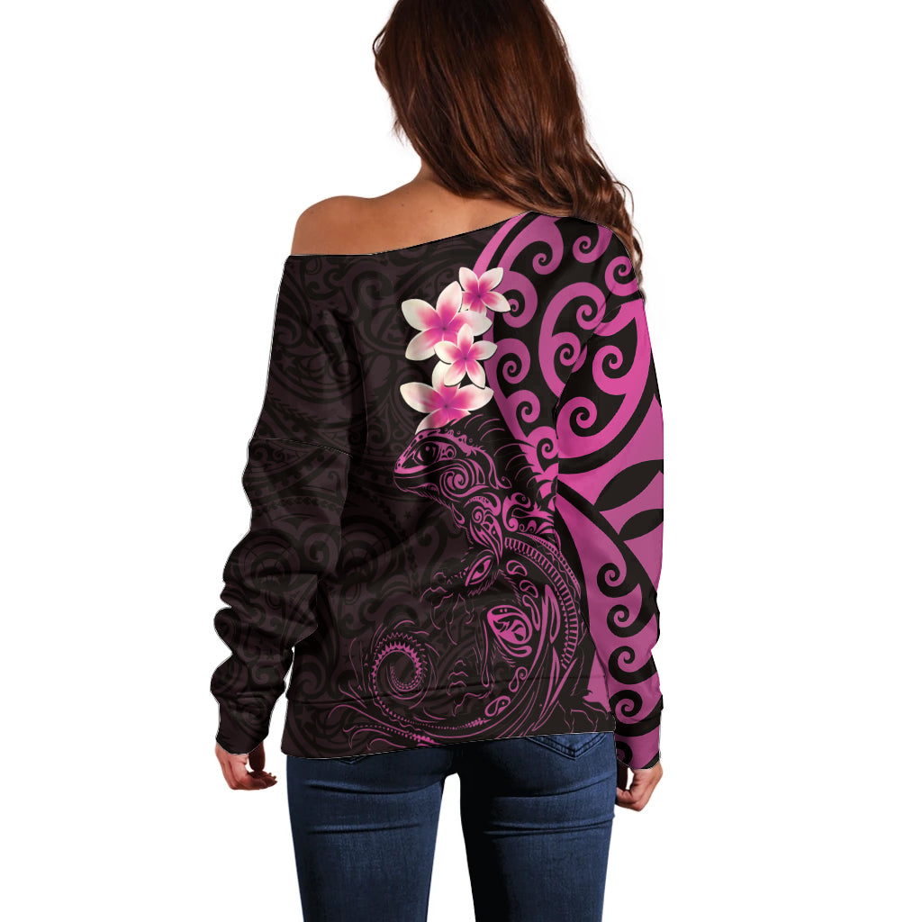 New Zealand Tuatara Plumeria Off Shoulder Sweater Maori Pink Koru Tribal Tattoo LT01 - Polynesian Pride