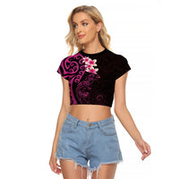 New Zealand Tuatara Plumeria Raglan Cropped T Shirt Maori Pink Koru Tribal Tattoo LT01 Female Pink - Polynesian Pride