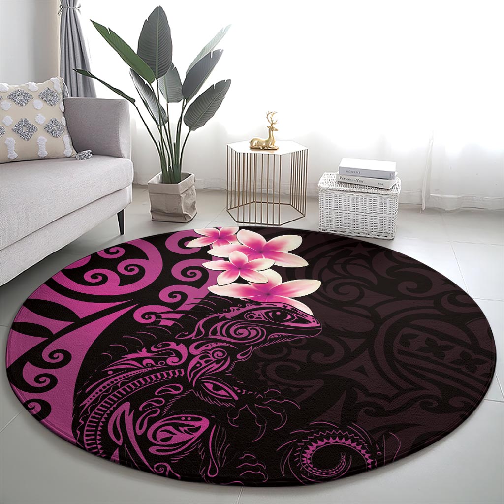 New Zealand Tuatara Plumeria Round Carpet Maori Pink Koru Tribal Tattoo LT01 - Polynesian Pride