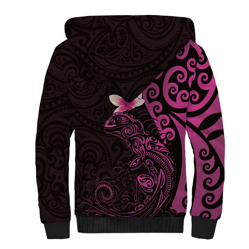 New Zealand Tuatara Plumeria Sherpa Hoodie Maori Pink Koru Tribal Tattoo LT01 - Polynesian Pride
