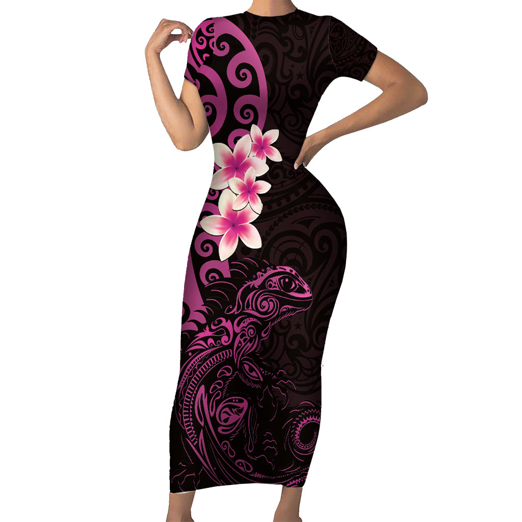 New Zealand Tuatara Plumeria Short Sleeve Bodycon Dress Maori Pink Koru Tribal Tattoo LT01 Long Dress Pink - Polynesian Pride