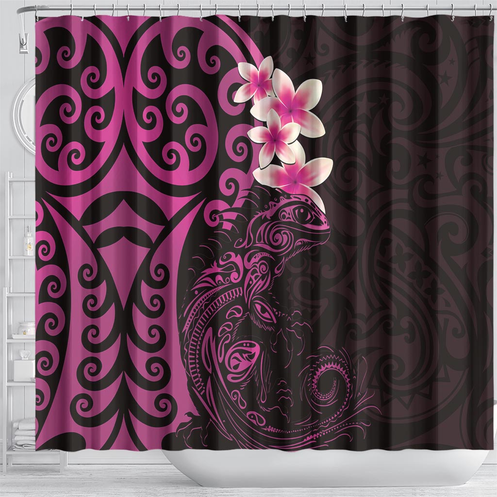New Zealand Tuatara Plumeria Shower Curtain Maori Pink Koru Tribal Tattoo LT01 - Polynesian Pride