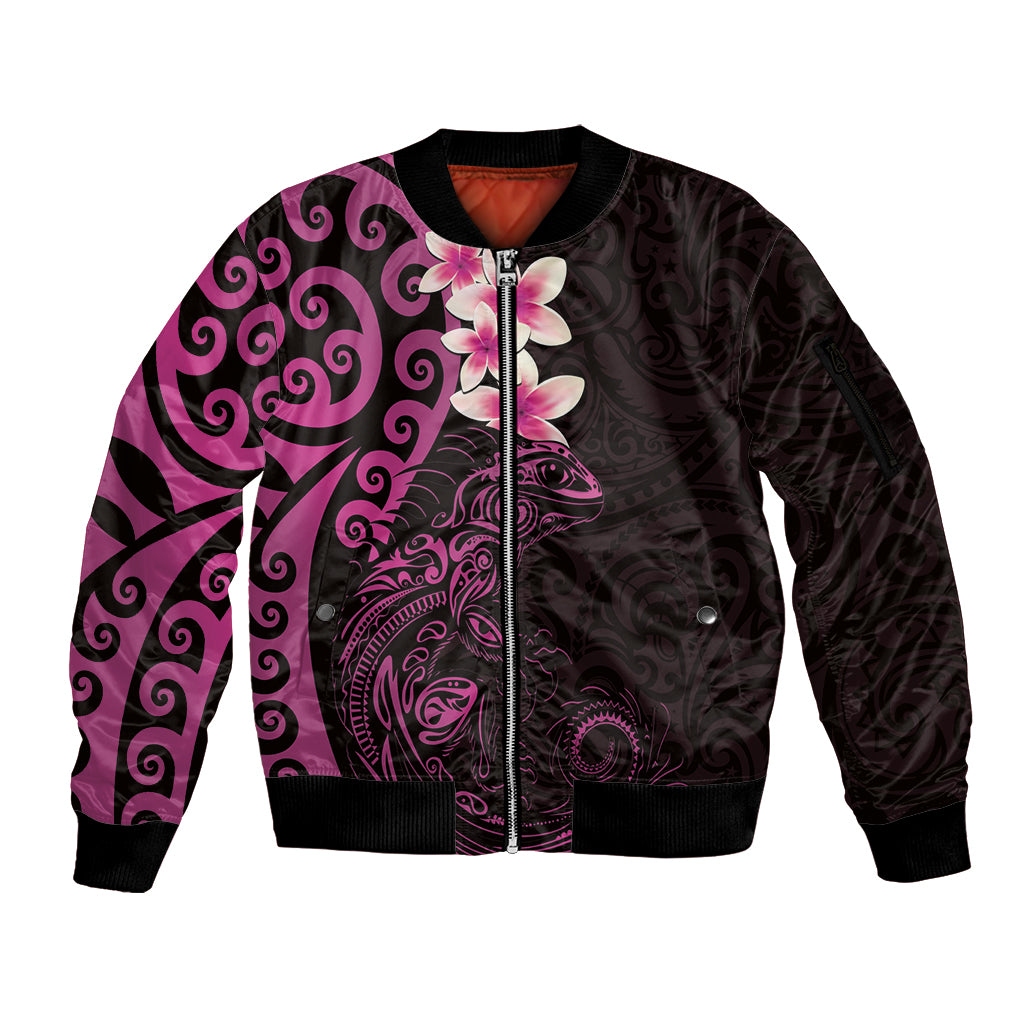 New Zealand Tuatara Plumeria Sleeve Zip Bomber Jacket Maori Pink Koru Tribal Tattoo LT01 Unisex Pink - Polynesian Pride