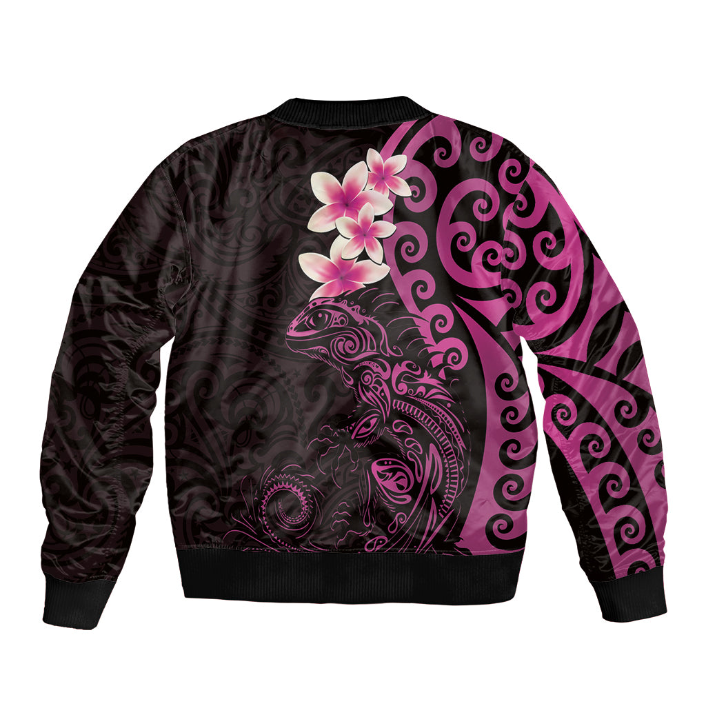 New Zealand Tuatara Plumeria Sleeve Zip Bomber Jacket Maori Pink Koru Tribal Tattoo LT01 - Polynesian Pride