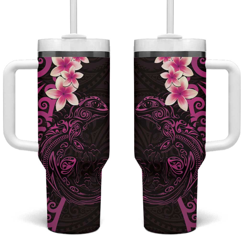 New Zealand Tuatara Plumeria Tumbler With Handle Maori Pink Koru Tribal Tattoo LT01 One Size: 40 oz Pink - Polynesian Pride