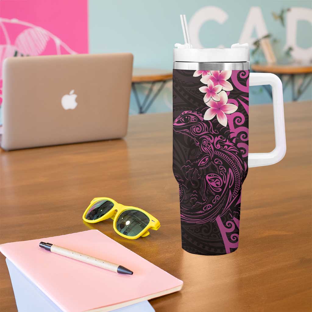 New Zealand Tuatara Plumeria Tumbler With Handle Maori Pink Koru Tribal Tattoo LT01 - Polynesian Pride