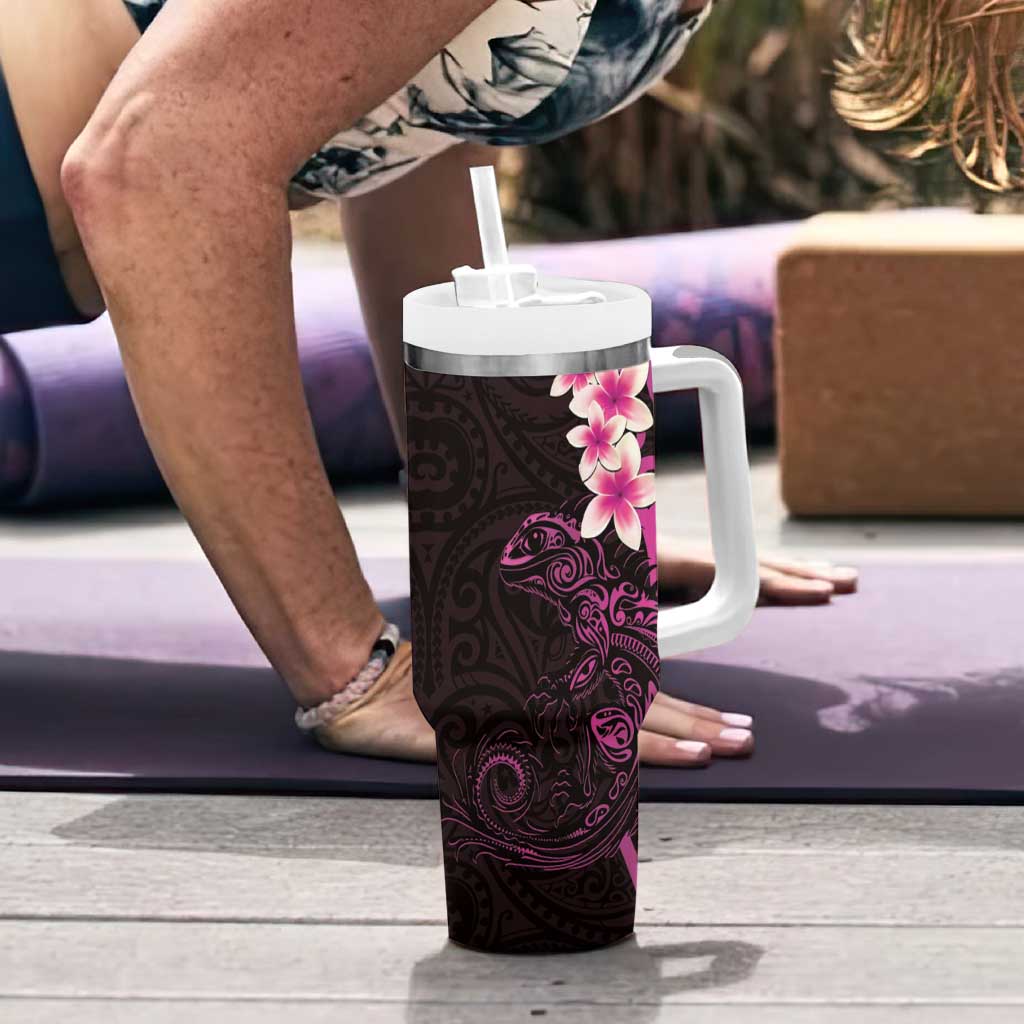 New Zealand Tuatara Plumeria Tumbler With Handle Maori Pink Koru Tribal Tattoo LT01 - Polynesian Pride