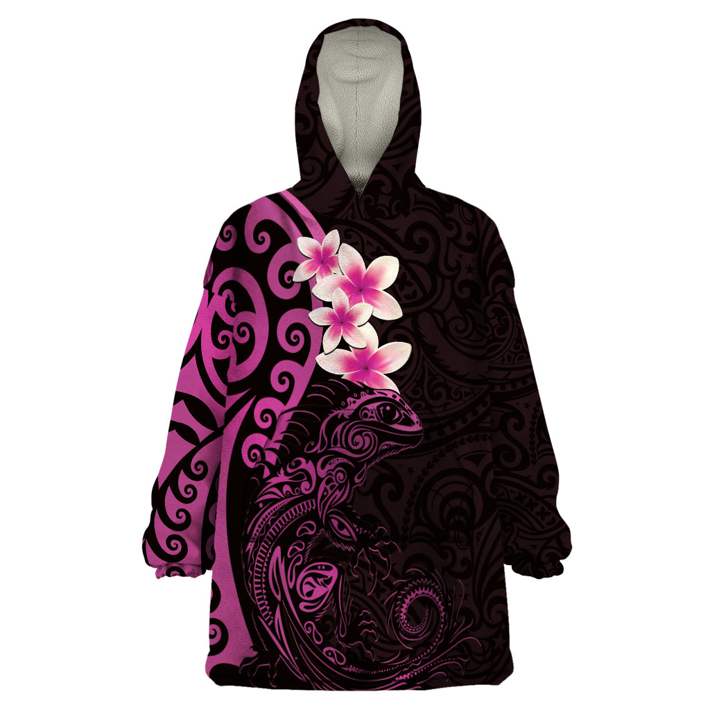 New Zealand Tuatara Plumeria Wearable Blanket Hoodie Maori Pink Koru Tribal Tattoo LT01 One Size Pink - Polynesian Pride