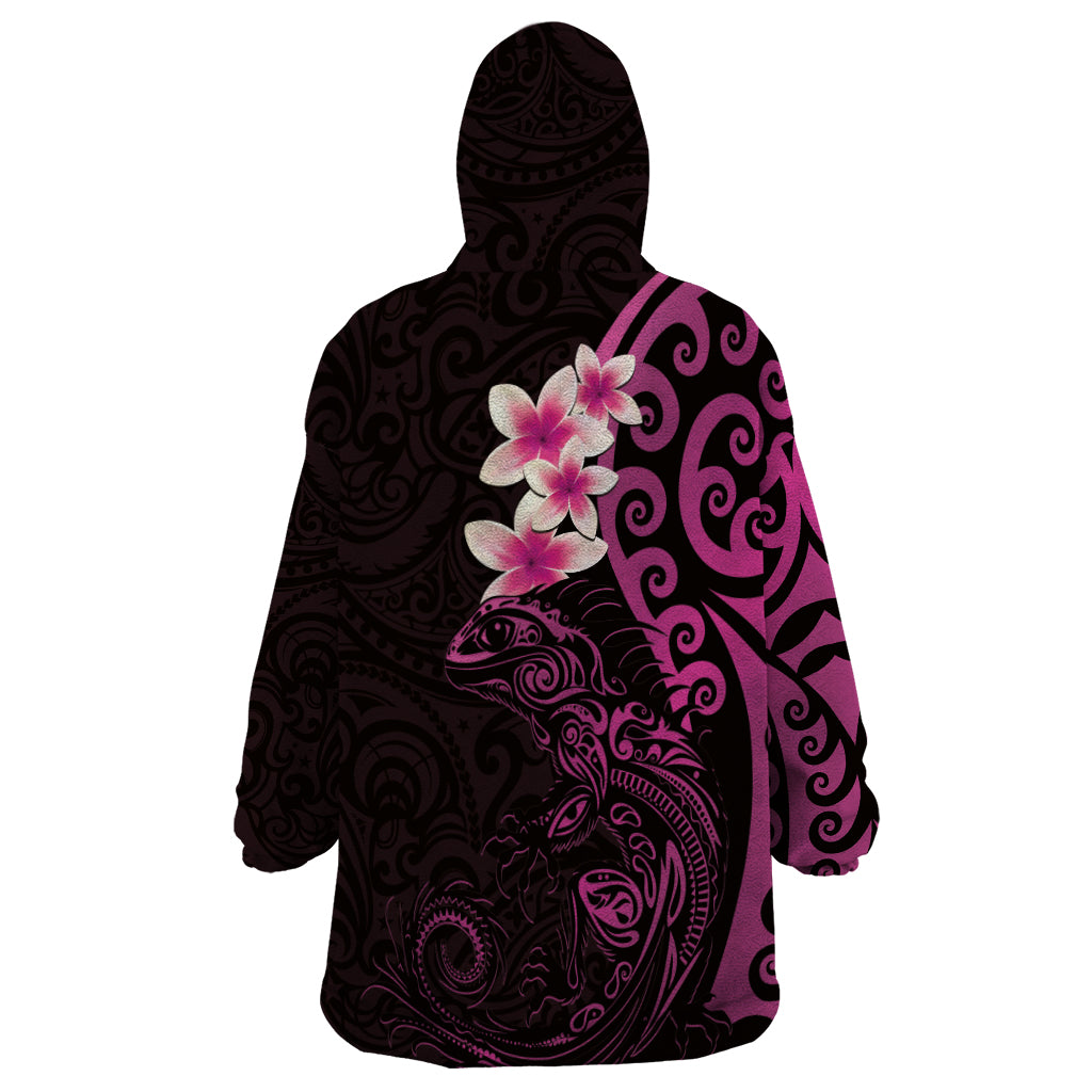 New Zealand Tuatara Plumeria Wearable Blanket Hoodie Maori Pink Koru Tribal Tattoo LT01 - Polynesian Pride