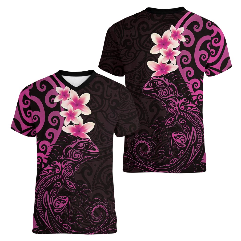 New Zealand Tuatara Plumeria Women V-Neck T-Shirt Maori Pink Koru Tribal Tattoo LT01 - Polynesian Pride