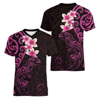 New Zealand Tuatara Plumeria Women V-Neck T-Shirt Maori Pink Koru Tribal Tattoo LT01 - Polynesian Pride