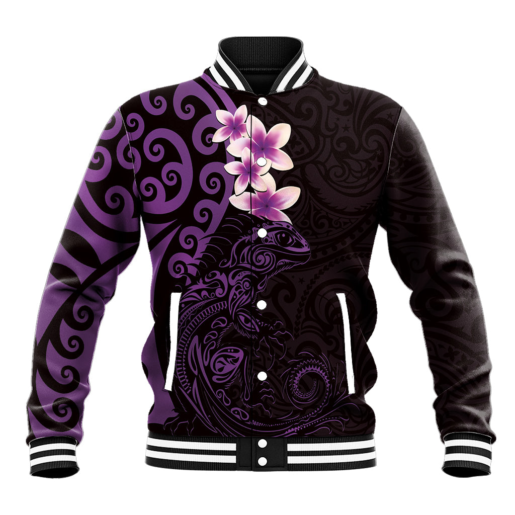 New Zealand Tuatara Plumeria Baseball Jacket Maori Purple Koru Tribal Tattoo