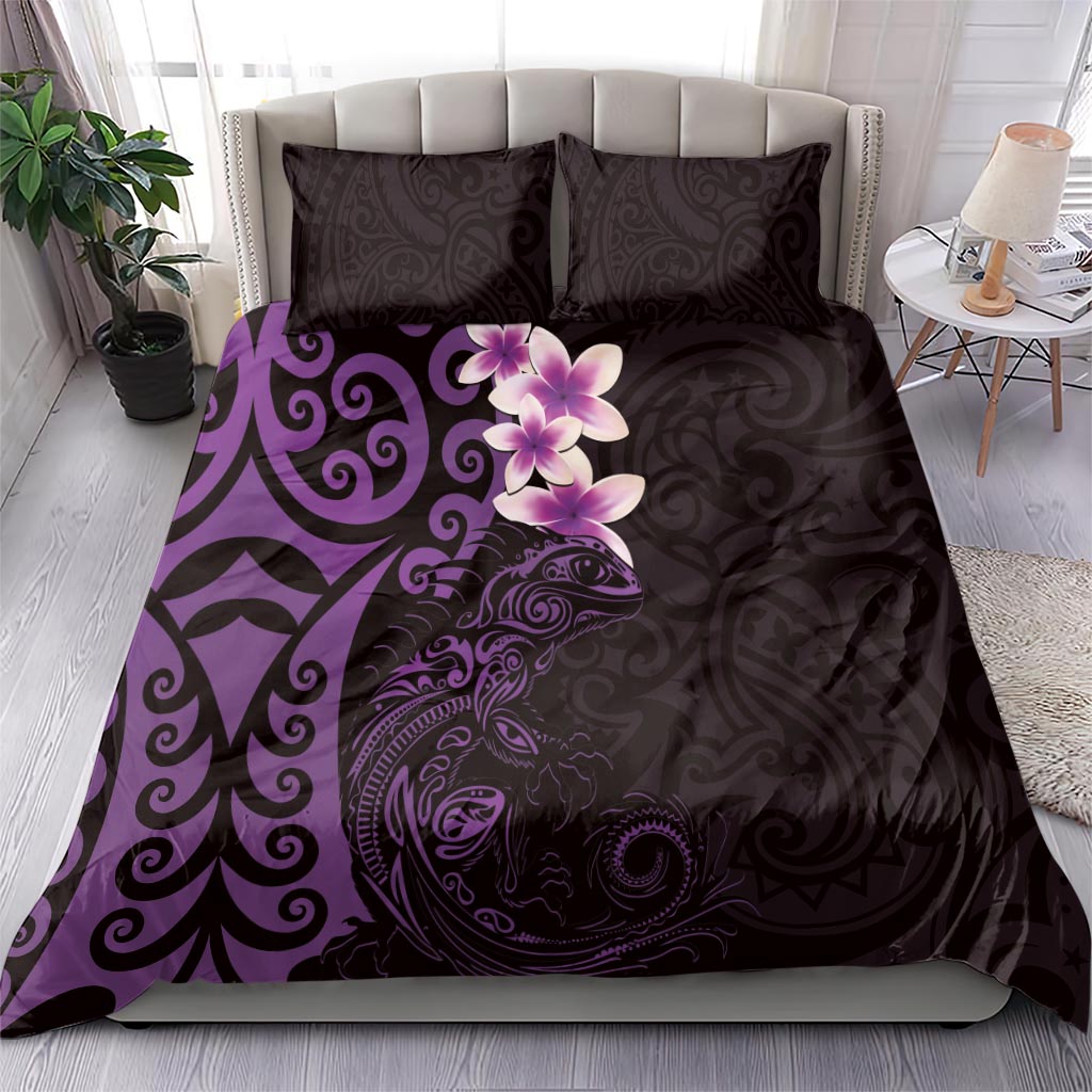 New Zealand Tuatara Plumeria Bedding Set Maori Purple Koru Tribal Tattoo