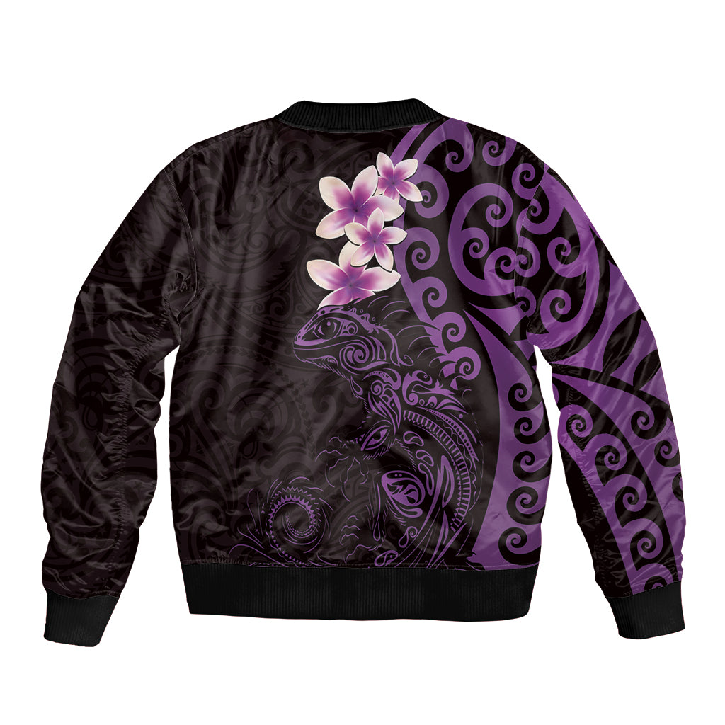 New Zealand Tuatara Plumeria Bomber Jacket Maori Purple Koru Tribal Tattoo LT01 - Polynesian Pride