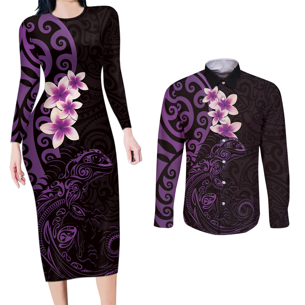 New Zealand Tuatara Plumeria Couples Matching Long Sleeve Bodycon Dress and Long Sleeve Button Shirt Maori Purple Koru Tribal Tattoo LT01 Purple - Polynesian Pride