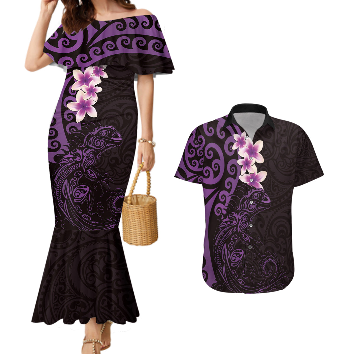 New Zealand Tuatara Plumeria Couples Matching Mermaid Dress and Hawaiian Shirt Maori Purple Koru Tribal Tattoo LT01 Purple - Polynesian Pride