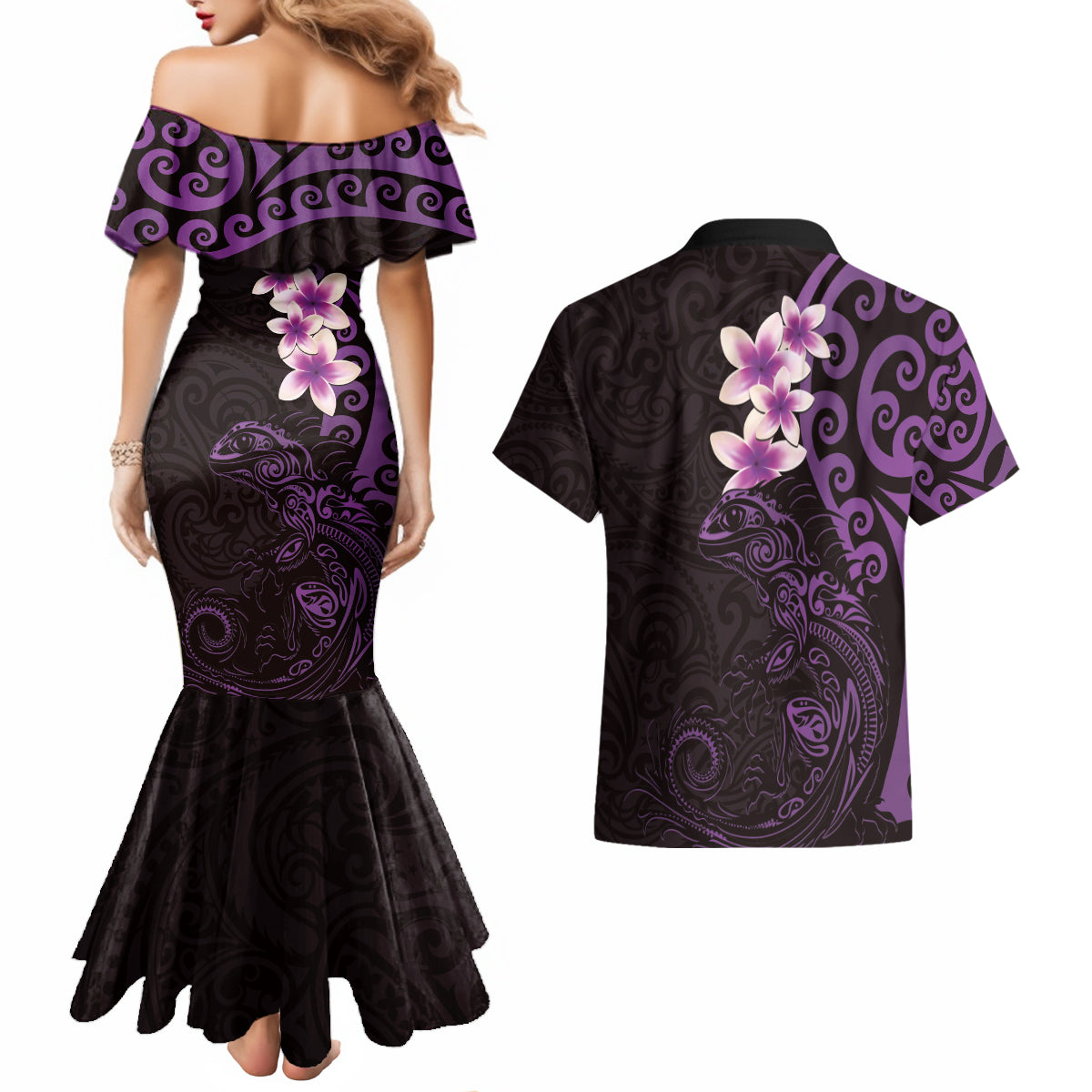 New Zealand Tuatara Plumeria Couples Matching Mermaid Dress and Hawaiian Shirt Maori Purple Koru Tribal Tattoo LT01 - Polynesian Pride