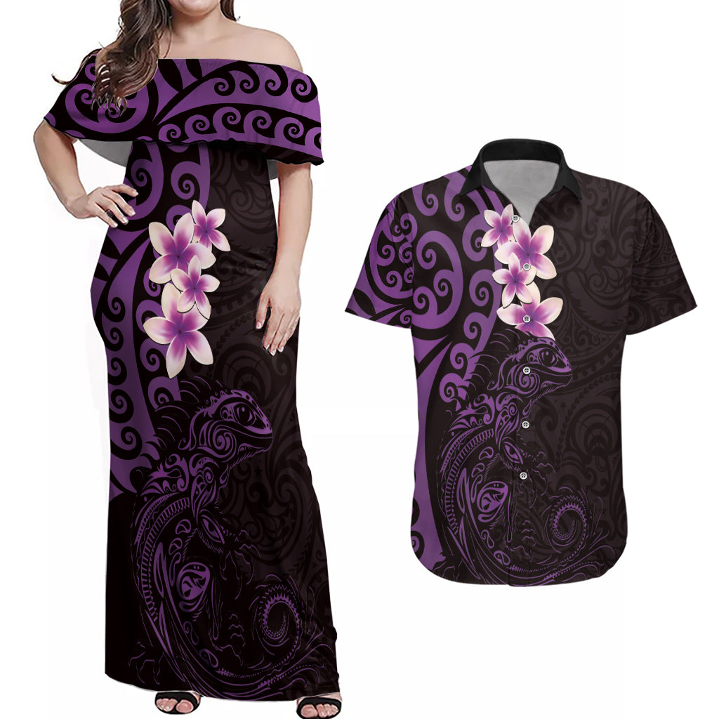 New Zealand Tuatara Plumeria Couples Matching Off Shoulder Maxi Dress and Hawaiian Shirt Maori Purple Koru Tribal Tattoo LT01 Purple - Polynesian Pride