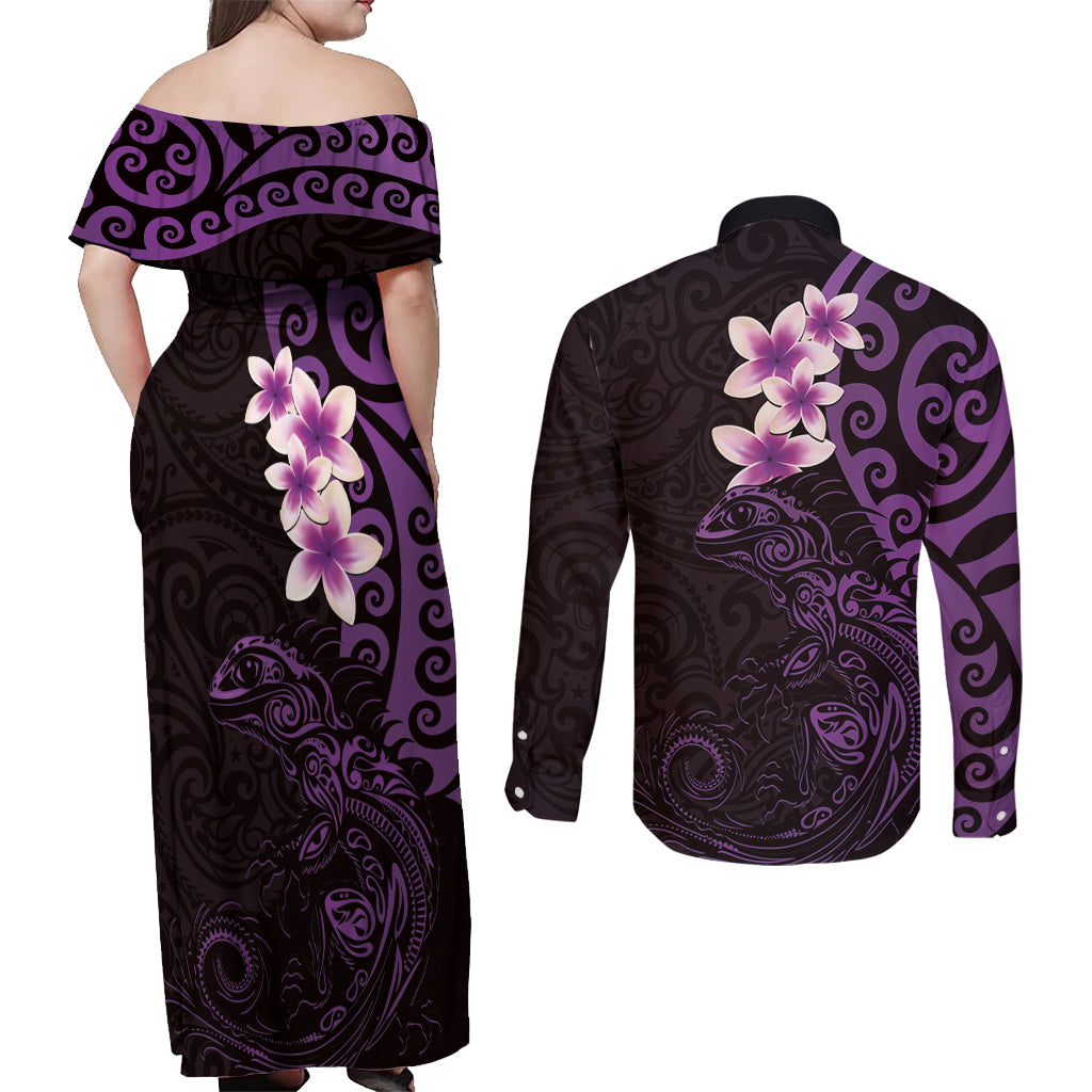 New Zealand Tuatara Plumeria Couples Matching Off Shoulder Maxi Dress and Long Sleeve Button Shirt Maori Purple Koru Tribal Tattoo LT01 - Polynesian Pride