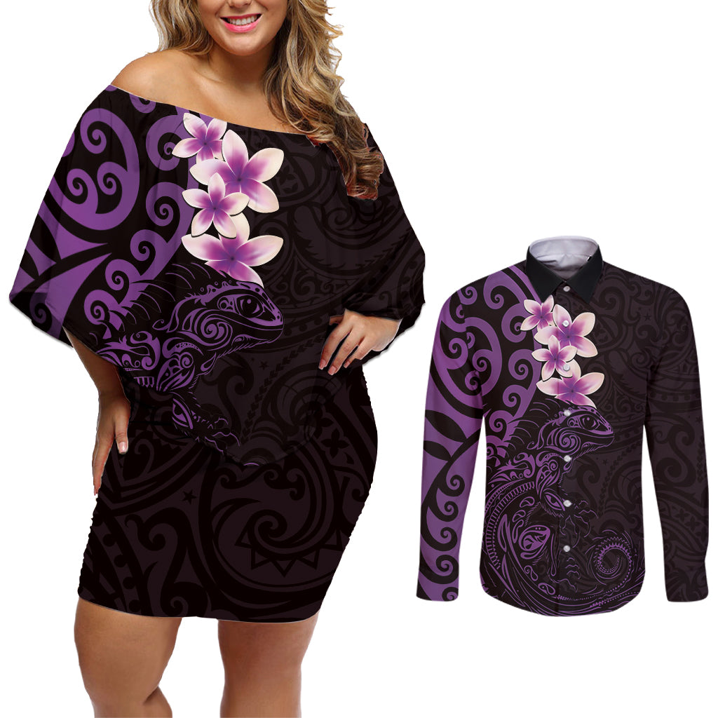 New Zealand Tuatara Plumeria Couples Matching Off Shoulder Short Dress and Long Sleeve Button Shirt Maori Purple Koru Tribal Tattoo LT01 Purple - Polynesian Pride