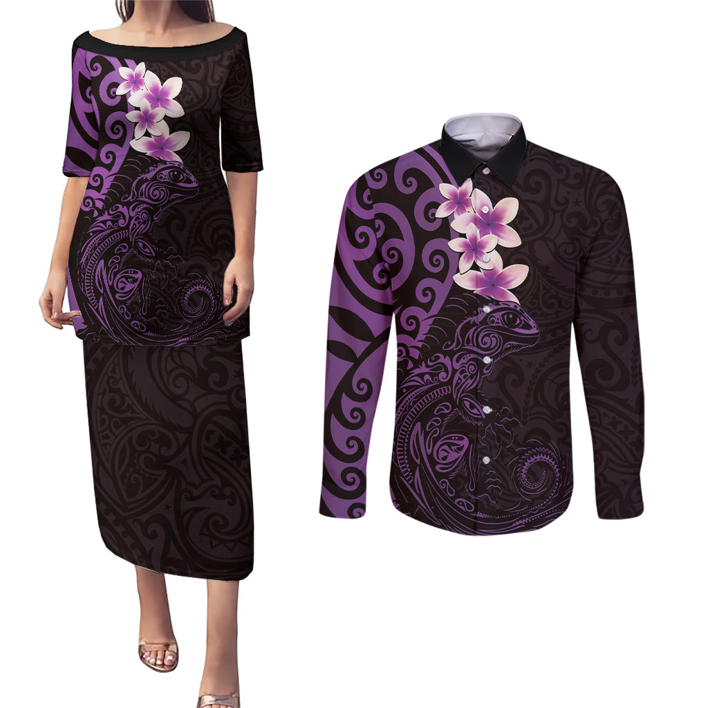 New Zealand Tuatara Plumeria Couples Matching Puletasi and Long Sleeve Button Shirt Maori Purple Koru Tribal Tattoo LT01 Purple - Polynesian Pride