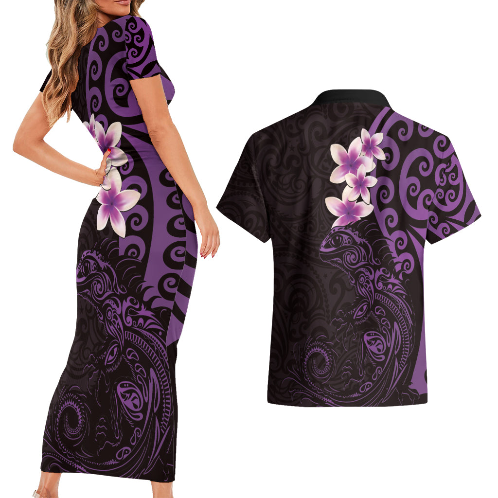 New Zealand Tuatara Plumeria Couples Matching Short Sleeve Bodycon Dress and Hawaiian Shirt Maori Purple Koru Tribal Tattoo LT01 - Polynesian Pride